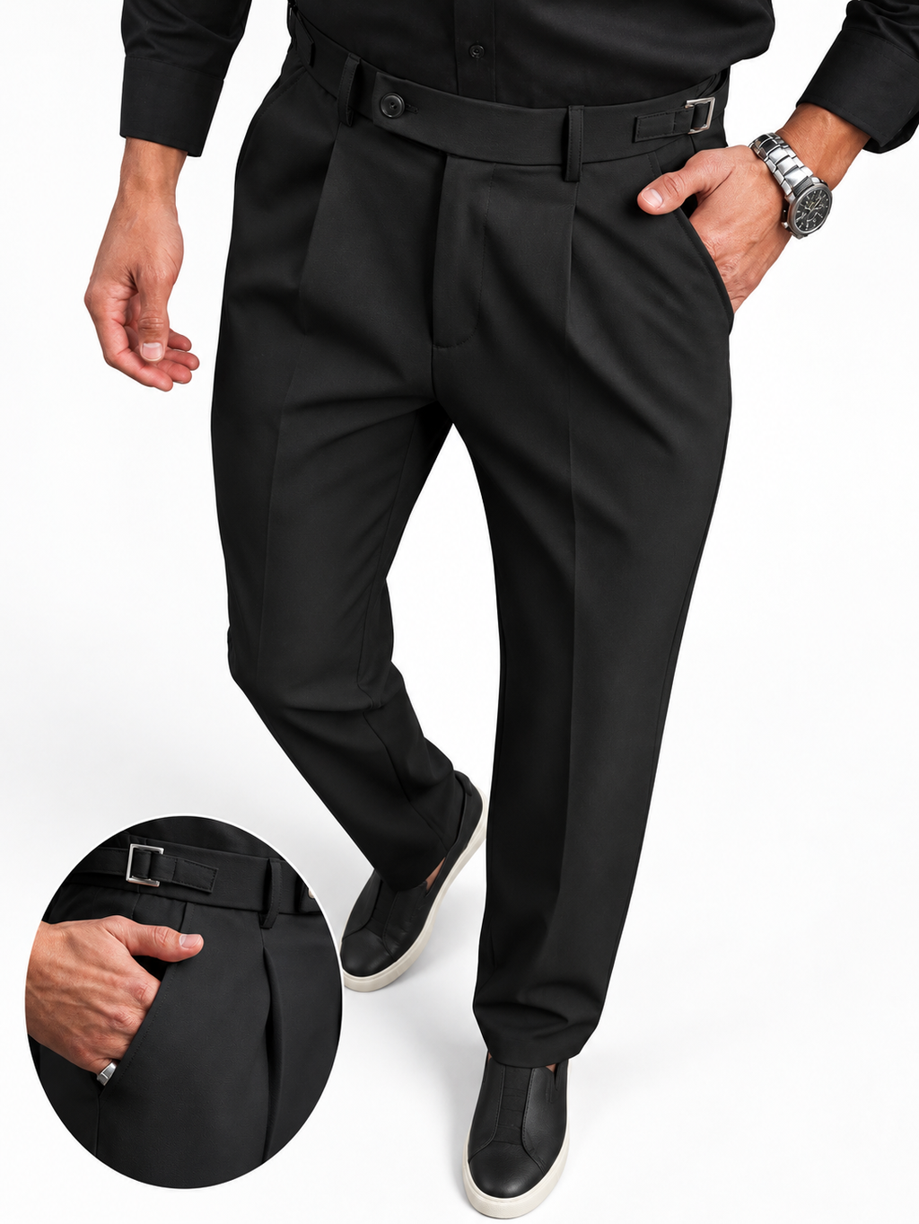 Calça de Alfaiataria Firenze, Cós Transpassado com Fivela Lateral.