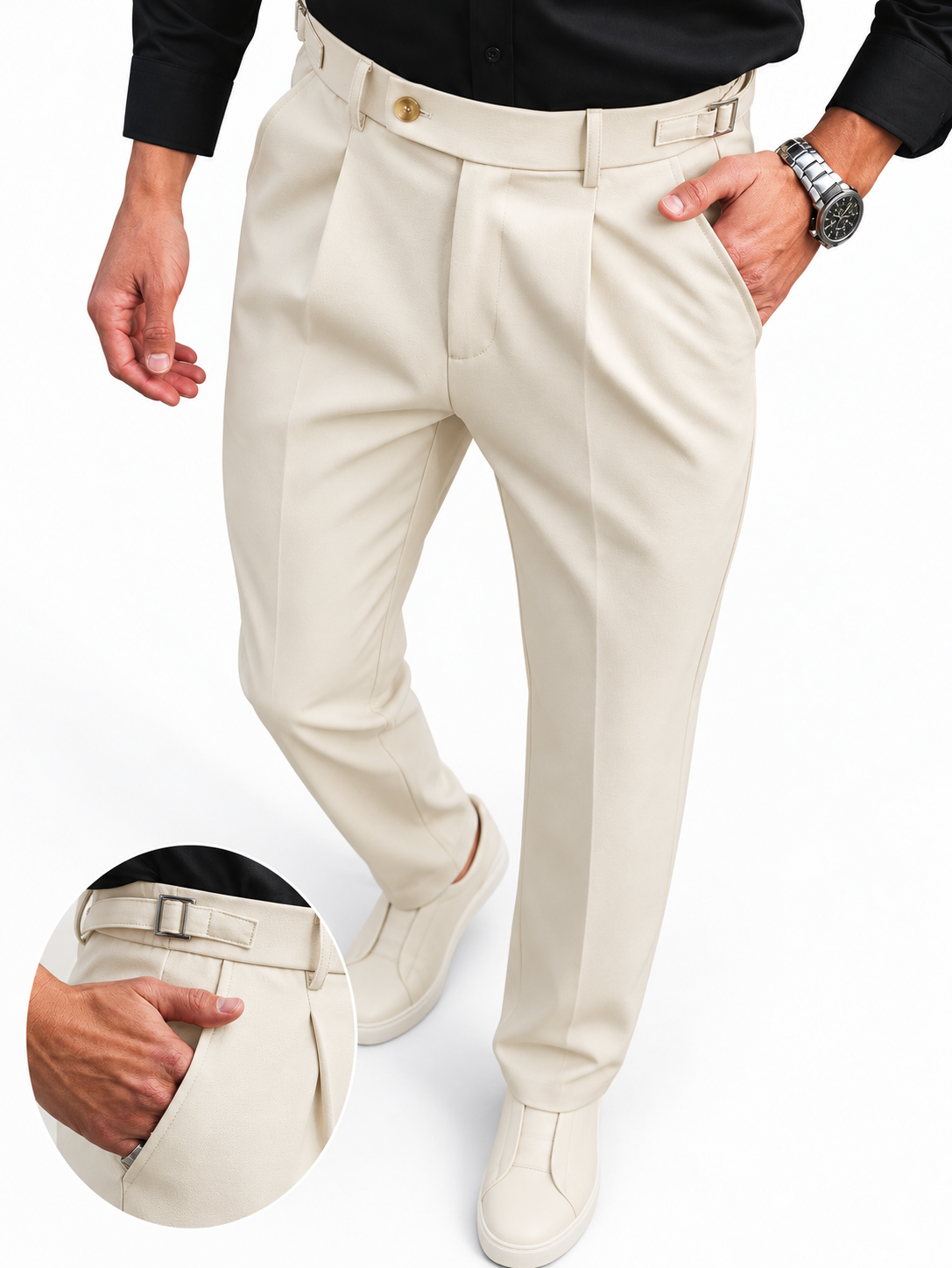 Calça de Alfaiataria Firenze, Cós Transpassado com Fivela Lateral.