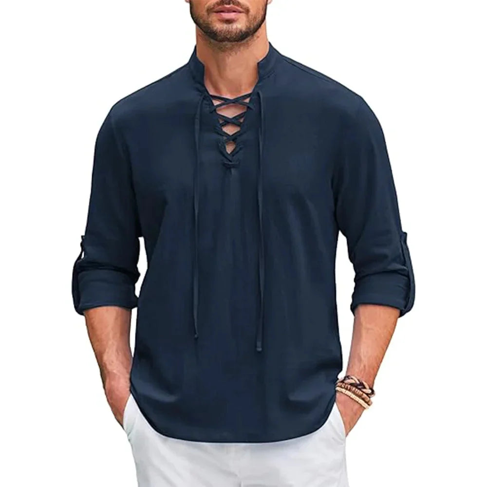 Camisa manga longa com amarração, 100% linho