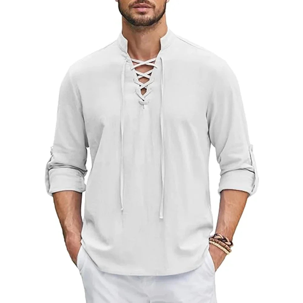 Camisa manga longa com amarração, 100% linho